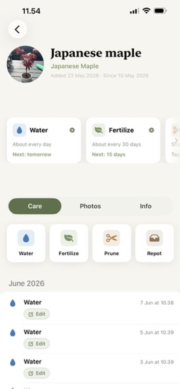 Tree detail with care schedule and log