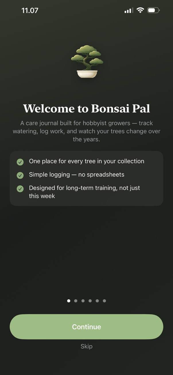 Welcome onboarding screen in dark mode